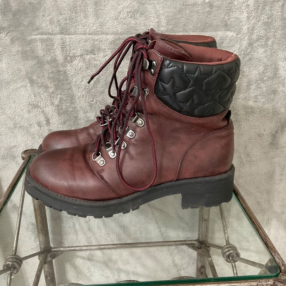 Mia Mackenzi Boots women’s size 9.5 Burgundy Red Faux Leather Combat Ankle